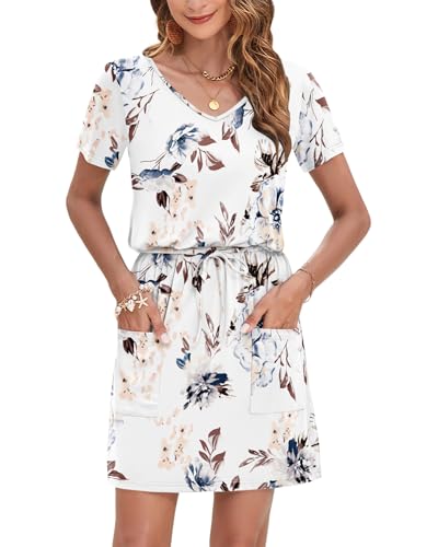 Image of AUSELILY Womens Summer Dresses 2026 Causal Short Sleeve V Neck Tie Front Mini Short Dress with Pockets