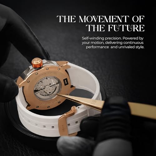 Image of HEXA Atlas Automatic Mechanical Skeleton Chronograph Watch for Men | Miyota Japan Movement | Transparent Analog Dial | 42.5 mm Stainless Steel Case | White Silicone Strap | Sapphire Crystal | 5ATM Water Resistant Luxury Watch