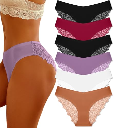 FINETOO 6 Pack Sexy Underwear for Women Silky Seamless No Show Panties Ladies Lace Bikini Lightweight Cheeky Hipster