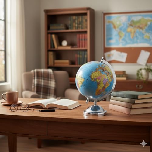 Image of Political World Globe with Chrome Metal Stand | Rotating Educational Geography Globe | Desktop Globes for Kids, Students, Teachers, Schools, Office Desk & Home Decor (6 Inch Dia)