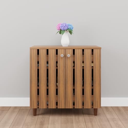 Image of VIKI | Shoe Rack with Window Pattern Ventilated Doors, Shoe Storage,Shoe Cabinet for Hallway, Organizer Unit for Entryway, Width 73cms, Brussel Walnut Colour | 1 Year Warranty