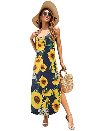 Image of HUSKARY Women's Summer Casual Sleeveless V Neck Strappy Split Loose Dress Beach Cover Up Long Cami Maxi Dresses with Pocket