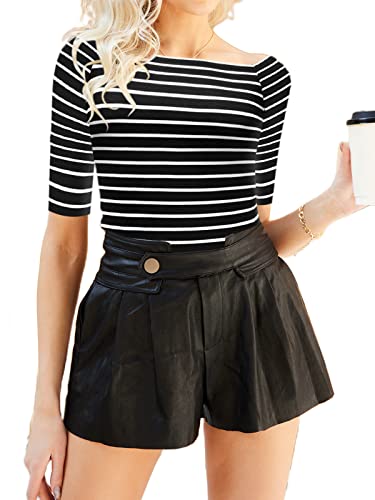 LilyCoco Women's Off The Shoulder Tops Striped Elbow Sleeve Boatneck T-Shirt Slim Stretchy Shirts (X-Large, Elbow Sleeve-Big Stripe)