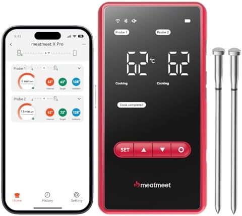 Meatmeet X Pro Wireless Meat Thermometer with Dual Wi-Fi & Bluetooth, Digital Meat Thermometer with 2 Probes & LED Display Base, 6 Built-in Sensors, IP69 Waterproof, for Grills, Ovens, Smokers & BBQs