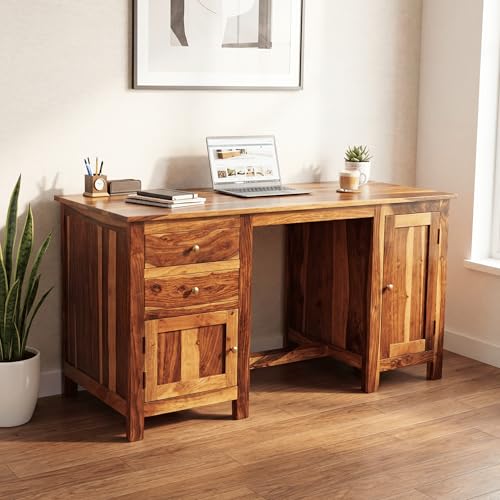 Image of SONA ART & CRAFTS Solid Sheesham Wood Study Table for Students Big Size with 2 Drawers & 2 Doors Wooden Study Desk Table Office Table for Work from Home Office Desk Computer Desk (Natural Teak Finish)