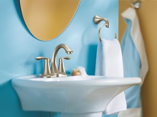 Image of Moen Eva Brushed Nickel Two-Handle 4-Inch Centerset Bathroom Faucet with Drain Assembly, for 3-Hole Sink, 6410BN + Bathroom Single Post Hand-Towel Ring, YB2886BN
