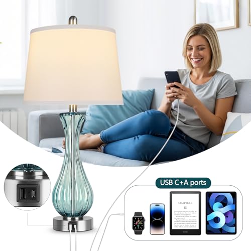 Lámpara de mesa de vidrio 27.5 pulg. juego 2 con USB miniatura 3