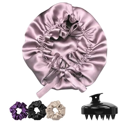 Image of Atrube's Silk Satin Hair Bonnet Reversible with Adjustable Tie Band Wrap Satin Wrap with Hair Scalp Massager Shampoo Brush and 3 Scrunchies (Purple)