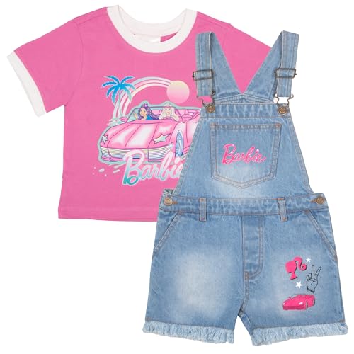 Barbie Girls Crewneck T-Shirt and Denim Short Overalls 2-Piece Set Pink Convertible Tee and Jean Shortalls for Kids (Pink and Blue Size 6/6X)
