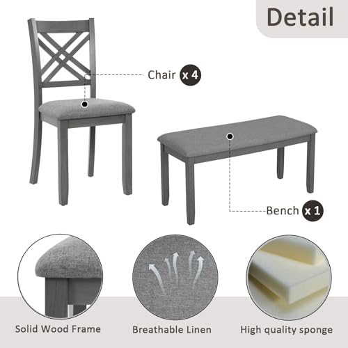 Image of LUMISOL 6-Piece Solid Wood Dining Table Set, Wood Kitchen Table with 4 Chairs and Bench, Farmhouse Dining Table with Bench and Chairs Set for Kitchen, Living Room, Grey