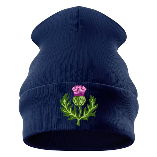 Purple Print House Embroidered Scottish Thistle Beanie Men Women Rugby Supporters Scotland Nations Hat, One Size, Navy