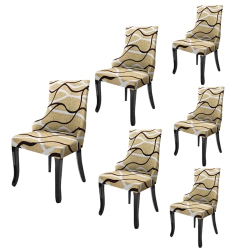 Image of House of Quirk Wingback American Side Chair Slipcover-Accent Chair Cover Slipcover with Arm,Washable Dining Chair with Nailed Trim Protector for Dining Living Room Pack of 6 (Beige Waves)