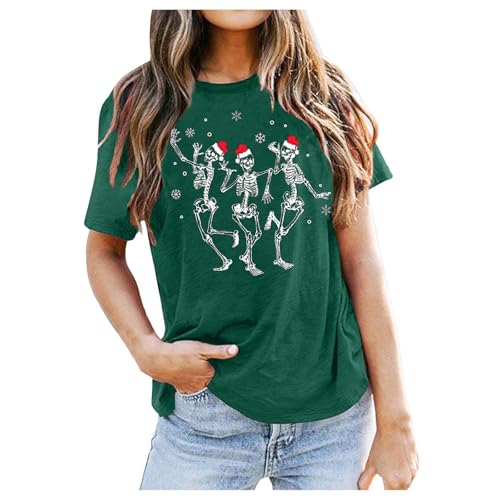 Camiseta festiva para mujer con estampado navideño informal y cuello redondo y manga corta camiseta deportiva de manga corta para mujer, verde, XXL