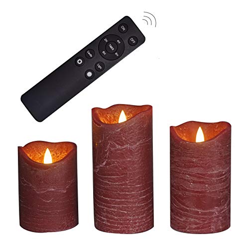 Image of iZAN 3 Pack Real Wax Flameless Candles Battery Operated LED Pillar Flickering Realistic Electric Candle Gift Sets with Remote Control and Cycling 24 Hours Timer 3 inchD X 4 inch 5 inch 6 inch H (Burgundy)