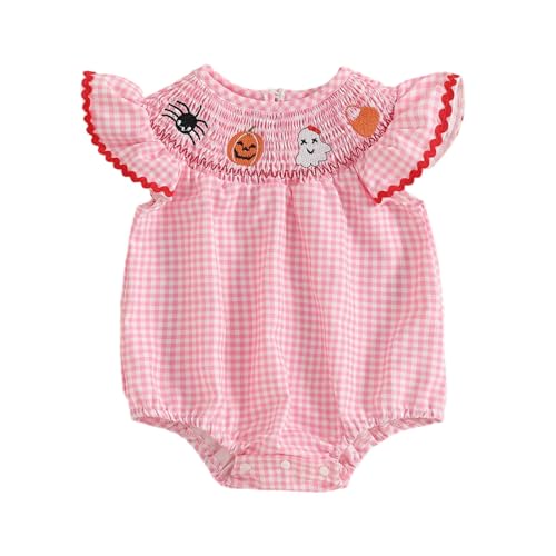 FIOMVA Newborn Baby Girl Halloween Outfit Pumpkin Ghost Smocked Bubble Romper Plaid Bodysuit Cute Infant Girls Fall Clothes