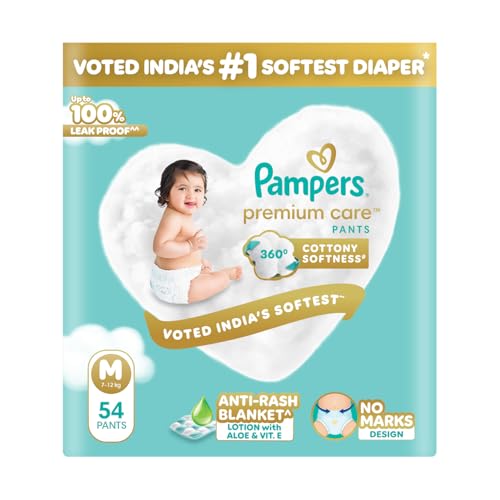 Pampers Premium Care Pant Style Baby Diapers | Medium (M size) | 54 Count | Voted India's Softest | All-in-1 with 360 Cottony Softness Diapers | 7-12kg