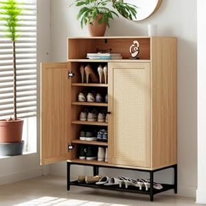 Loomie Rattan Shoe Cabinet 6 Tiers Shoe Storage Cabinet for Entryway Hallway 2 Door Accent Cabinet with Adjustable Shelves 46 H Tall Sideboard Storage Cabinet Closet Living Room Natural Cubbies