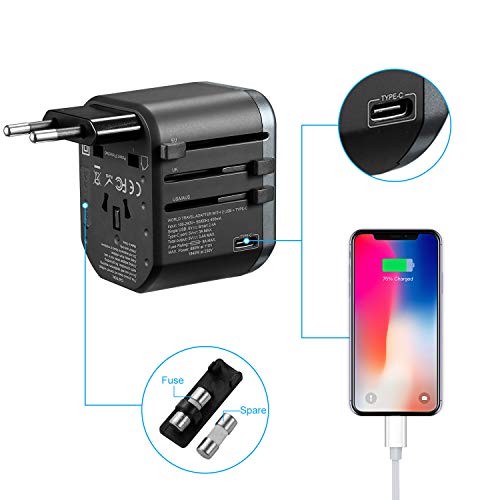 Travel Power Adapter - EPICKA All in One Worldwide International Universal Wall Charger AC Plug Adaptor with 3.4A Dual USB Charging and 3.0A USB Type-C For USA EU UK AUS (2 USB + TYPE C - Grey)