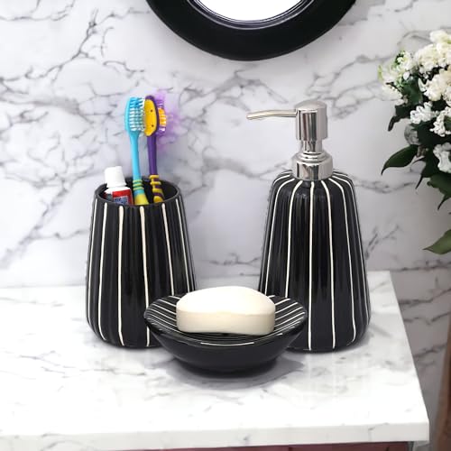 Image of Premium Ceramic Bathroom Accessories Set of 3 | Modern Luxury Bath Set with 300ml Soap Dispenser, Toothbrush Holder & Soap Dish | Home Decor Items (Black & White)