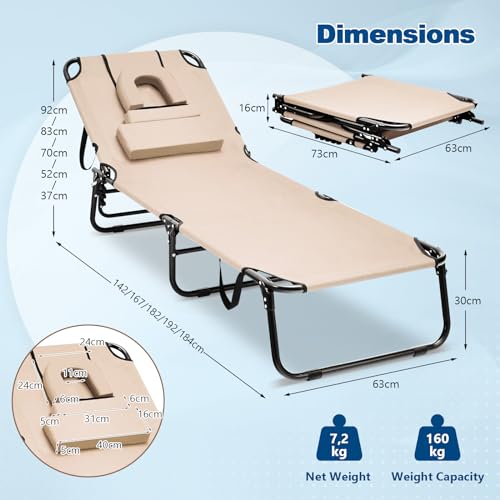 KOMFOTTEU Faltbare Sonnenliege mit 3 abnehmbaren Kopfstützen & Loch, Strandliege mit 5-Fach Verstellbarer Rückenlehne, Liegestuhl Gartenliege tragbar für Strand, Terrasse – Bild 4