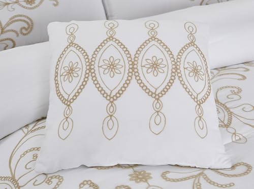 Image of Modern Threads Sabrina Embroidered Comforter Set - 5 Piece White Bed Set with Gold Detailing, Decorative Pillows & Shams, Luxuriously Soft Jacquard Bedding, Queen