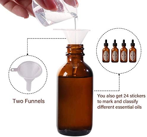 RusseryPek 12PCS 2oz 60ml Amber Glass Bottles with [Glass Pipette Dropper] for Essential Oil Diffuser, Aromatherapy, Chemistry Lab, Perfume (Brush, Droppers, Funnels, Labels, Measuring Cups Included)