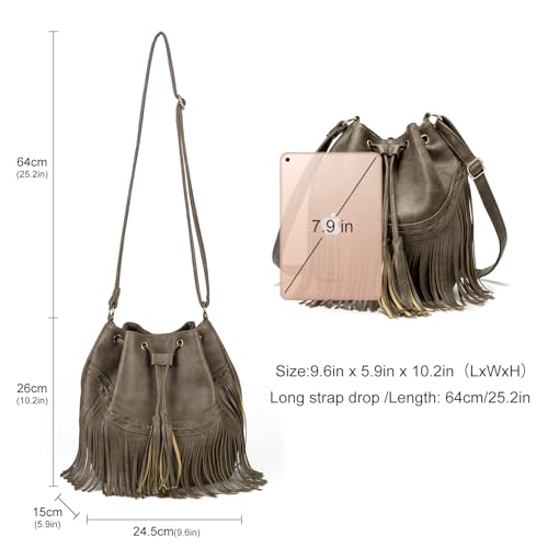 Gladdon Leather Bucket Bags For Women Crossbody Fringe Purses With Drawstring Ladies Tassel Hobo And Shoulder Handbags Grey thumb #1