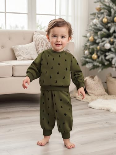 GOOCHEER Toddler Baby Boy Fall Outfit Tree Printed Long Sleeve Sweatshirt and Jogger Pants Christmas Clothes Set2