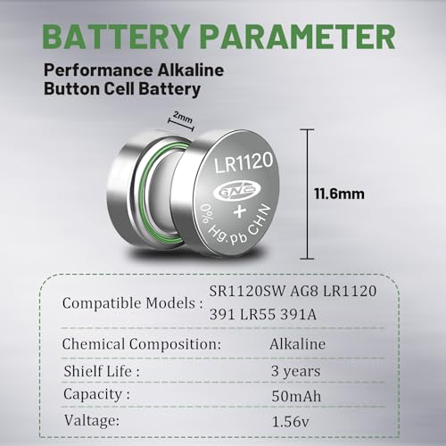 50 pilas AG8 LR1120 alcalinas para relojes 1.5V miniatura 2