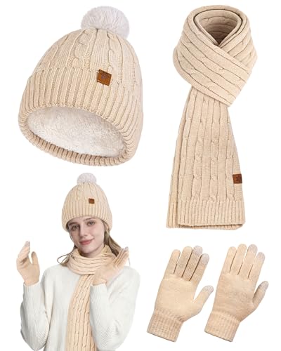 Horolam Winter Hat Scarf Gloves Set Warm Knit Beanie Hat with Pom Pom Touch Screen Gloves for Women for Christmas Cold Weather Gifts