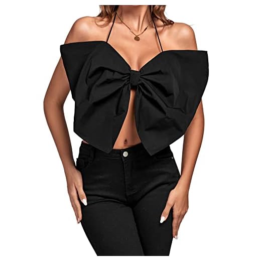 LYANER Women's Sexy Tie Neck Bow Tube Crop Top Sleeveless Strapless Party Fluffy Tank Tops Black Large