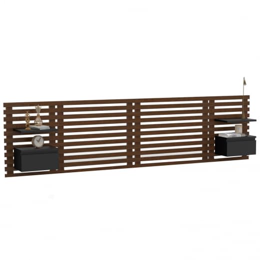 IDMarket - Cabecero de cama colgante en lamas AVA 240 cm con mesita de noche + cajón, madera envejecida y negro