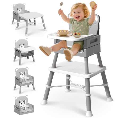 Image of AVIDOR 6-in-1 Convertible High Chairs for Babies and Toddlers, Baby High Chair 6-36 Months (33 lbs) with Cute Bear Cushion, Removable Tray, 5-Point Safety Harness, Easy Clean (Grey)