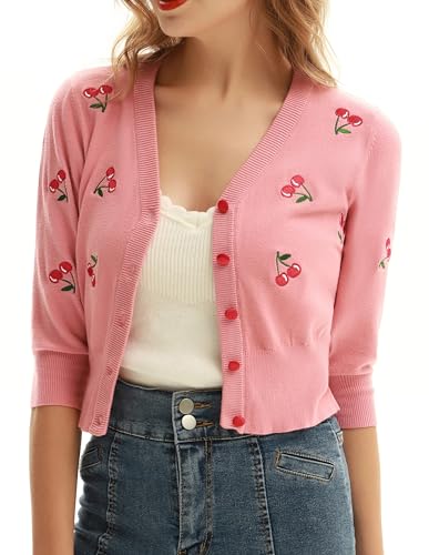 Image of Belle Poque Women's 3 /4 Sleeve V-Neck Button Down Cherries Embroidery Cropped Cardigan Sweater Coat
