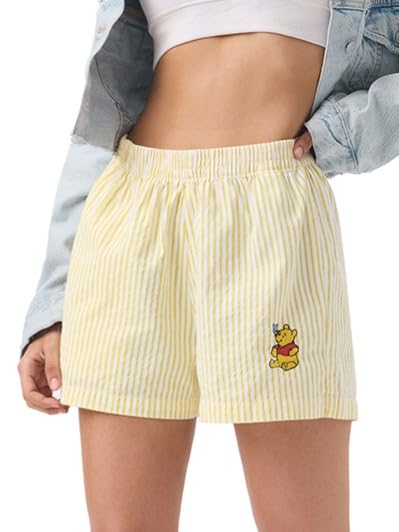 Disney: Winnie The Pooh Happy Women and Girls Elastic Waistband Yellow Striped Embroidered Polyester Blend Regular Fit Lightweight Lounge Shorts
