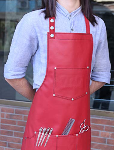 Facón Professional Leather Hair Cutting Hairdressing Barber Apron Cape For Salon Hairstylist - Multi-Use, Adjustable With 6 Pockets - Heavy Duty Premium Quality - Limited Edition - 28" X 24" (Red) #TOP4