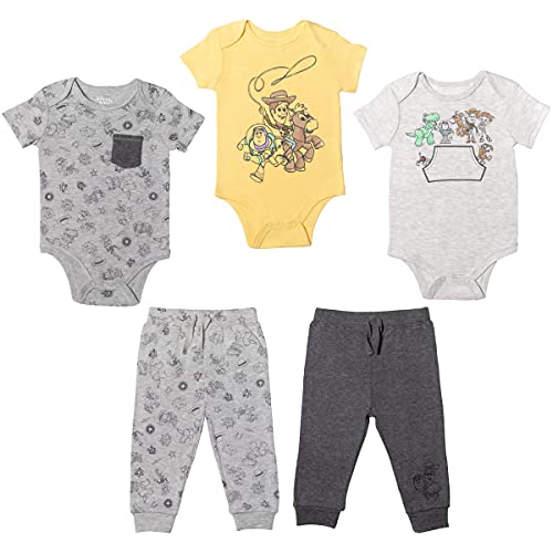 Image of Disney Pixar Toy Story Baby Jogger 5 Piece Bodysuit Pants Set Yellow/Grey/Oatmeal