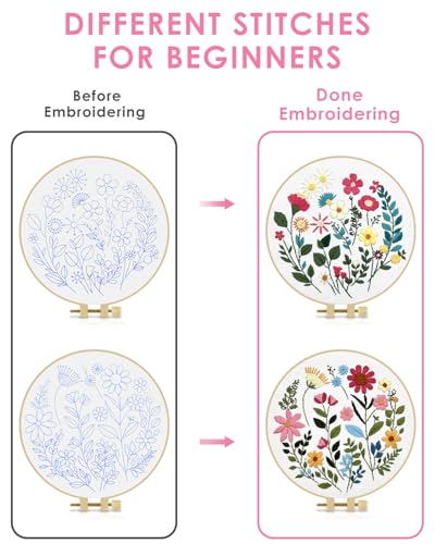 Image of TINDTOP Embroidery Kit for Adult, Owl Embroidery Kit for Beginners Include Embroidery Cloth Hoops Threads for Craft Lover Hand Stitch with Embroidery Skill Techniques (Florals) | 2 Pack Include Embroidery Cloth Hoops Threads for Craft Lover Hand Stitch with Embroidery Skill Techniques