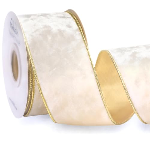 Image of Ribbli Ivory White Velvet Wired Ribbon 2.5 Inch Metallic Ivory Crushed Velvet Christmas Ribbon for Gift Wrapping Christmas Tree Decoration Crafts Wreaths Supplies-Continuous 10 Yards