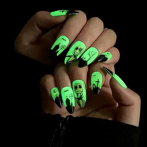 Halloween Press on Nails Medium Almond MABKJLF Fake Nails Glow in...