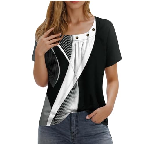Camisetas de verano para mujer, blusa de manga corta, cuello cuadrado, plisada, túnica de moda, estilo bohemio, con estampado floral, camisas casuales de negocios, trajes de trabajo, Negro #9, M