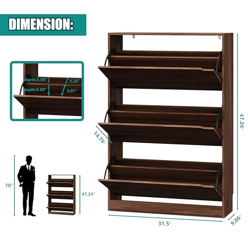 Image of Xixini Shoe Storage Cabinet for Entryway with 3 Flip Drawers, Sturdy Wood Hidden Shoe Storage, Freestanding Narrow Slim Shoe Organizer for Front Door Entrance, Living Room, Hallway, Bedroom, Walnut