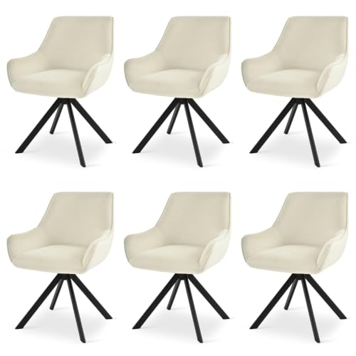 Image of Set of 6 Chairs 360 Degree Rotating New Legs Stylish, Modern, Elegant & Comfortable Velvet Arms Chairs for Dinning Living Hotel Cafe (2 Chairs) (Cream Set of 6)