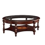 PADMA HOUSE Traditional Solid Wood Oval Coffee Table with Tempered Glass Top for Living Room,Brown