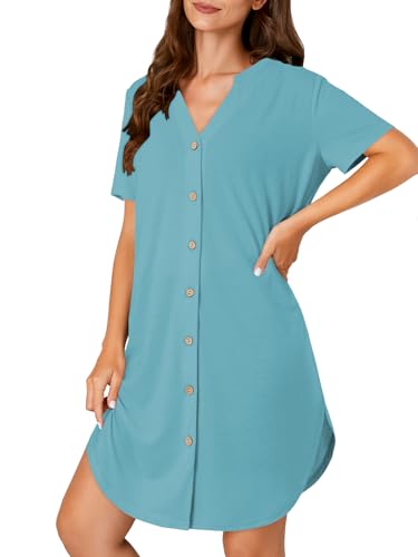 Vrtige Women's Cotton Striped Nightshirt Notch V Neck Short Sleeve Button Down Nightdress Nightgown3