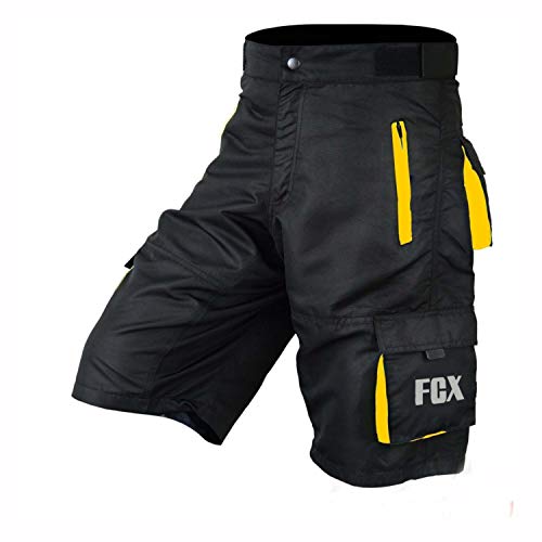 Mens Ciclismo MTB Pantaloncini Stile Baggy Multi Tasche Downhill Mountain Bike Team Bicicletta Pantaloncini Gratuiti Staccabile Imbottito Fodera Nero giallo L