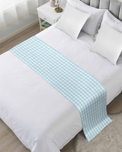 Jolunifun Aqua Blue Green Bed Runner Scarf for Cal King Size Bed Foot,Decorative Bedding Accessory Stainproof & Dustproof Soft Protector for Bedroom Checkered Plaid Gingham Lattice Trellis 102