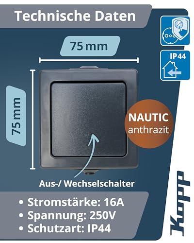 Kopp NAUTIC Universalschalter in Anthrazit - 1-fach Lichtschalter-Aufputz mit 10AX Schaltvermögen - Sicherer IP44 Feuchtraum-Schalter-Aufputz - Hochwertiger Aus-Wechselschalter 250V~