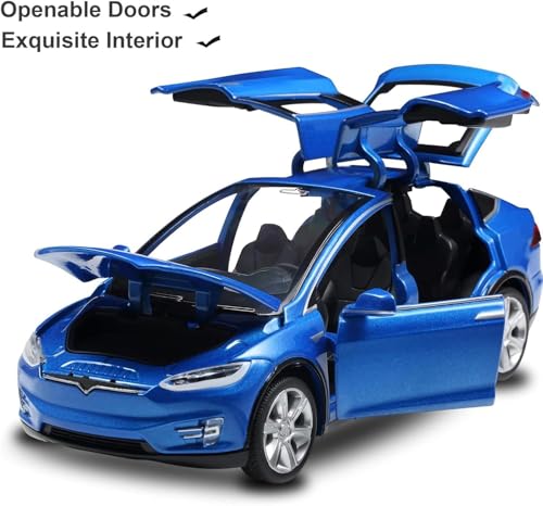 Image of 1:32 Tesla Model X Toy Car with Pull-Back Action Lights, Sound and openable Doors.Durable diecast Model for Kids Aged 3-12 offering Hours of Fun and Realistic Play (Blue)