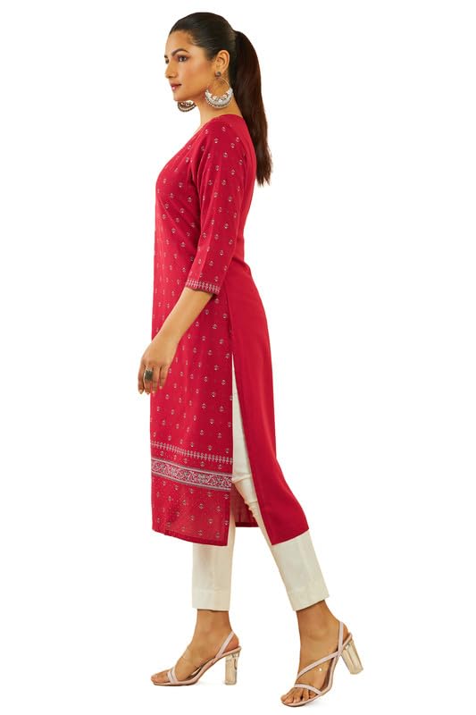 Image of Soch Womens Rayon Floral All-Over Print Round-Neck Straight Kurta